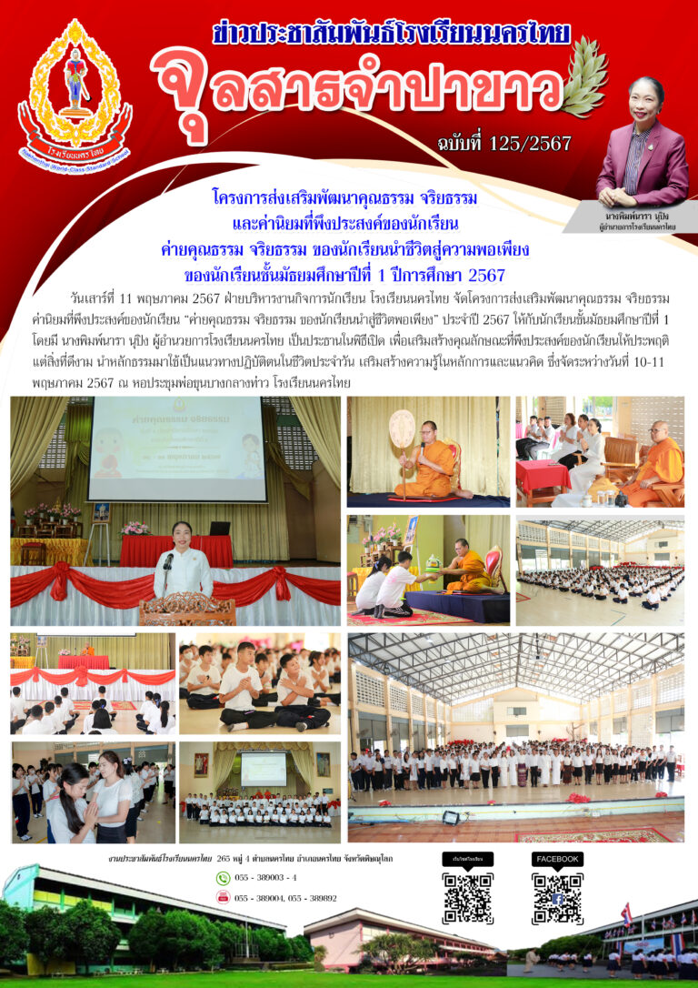 ค่ายคุณธรรม จริยธรรม ของนักเรียนนำชีวิตสู่ความพอเพียง ของนักเรียนชั้นมัธยมศึกษาปีที่ 1 ปีการศึกษา 2567